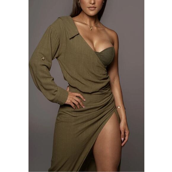JLUXLABEL OLIVE EVITA LINEN DRAPED DRESS  Slit Adjustable Bustier 3XL SOLDOUT - Picture 10 of 10